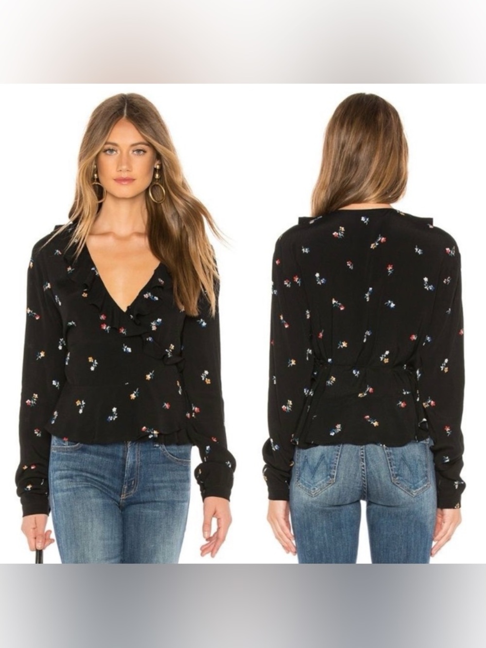 Rails Simone Wrap Long Sleeve Top Black Kyoto Floral Blouse XS